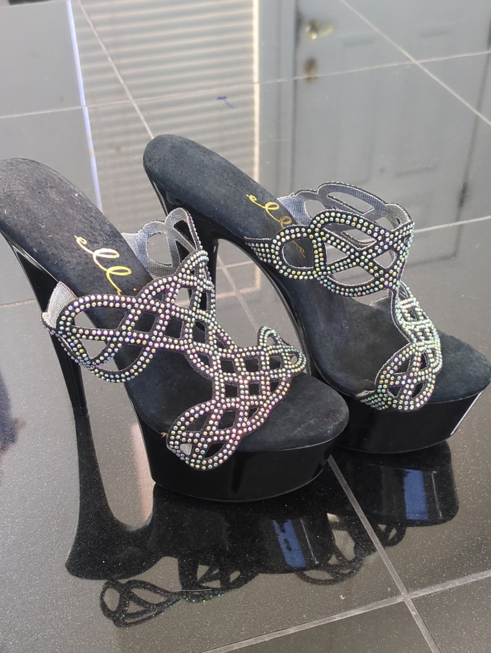 Ellie Black Suede Platform Stiletto Heels with Rhinestone Straps